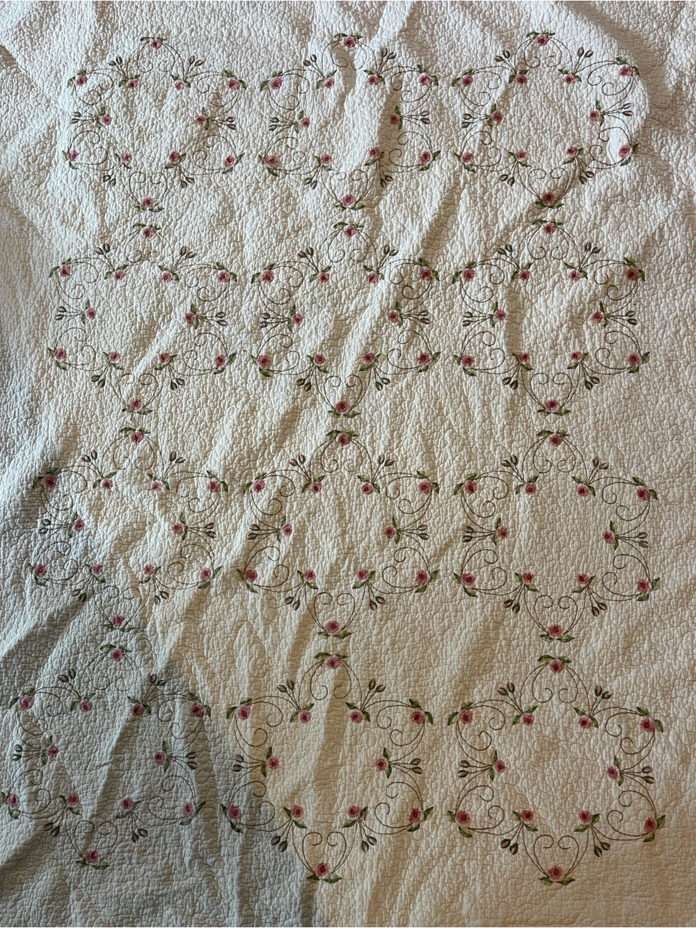 Cream Quilted Embroidered Bedspread Throw Soft Textured roses pattern